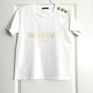Women's BALMAIN White Gold 3 Button Trimmed Logo Short Sleeve Tee Size S